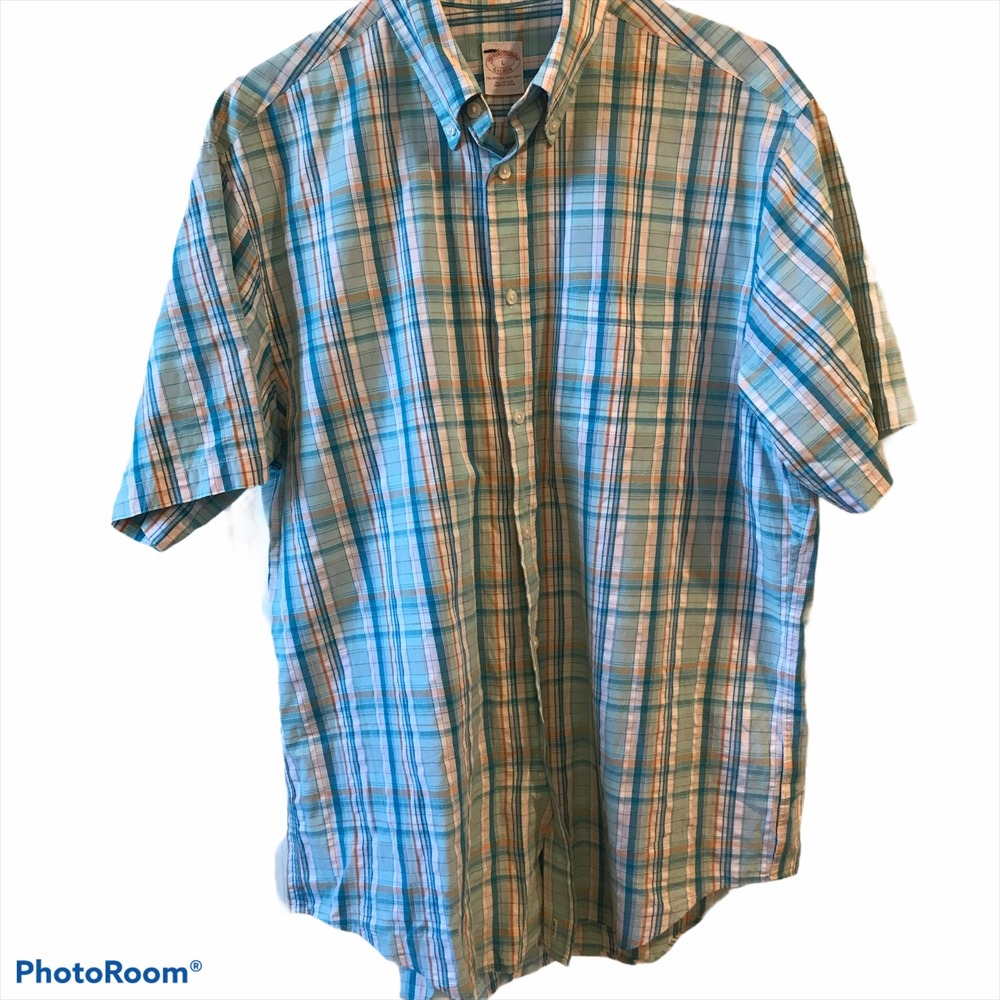 Brooks Brothers Button Down Shirt Large Blue Plaid Excellent Short Sleeve Cotton